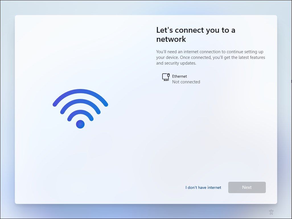 Windows 11 Setup Let's connect you to a network screen with I don't have Internet option