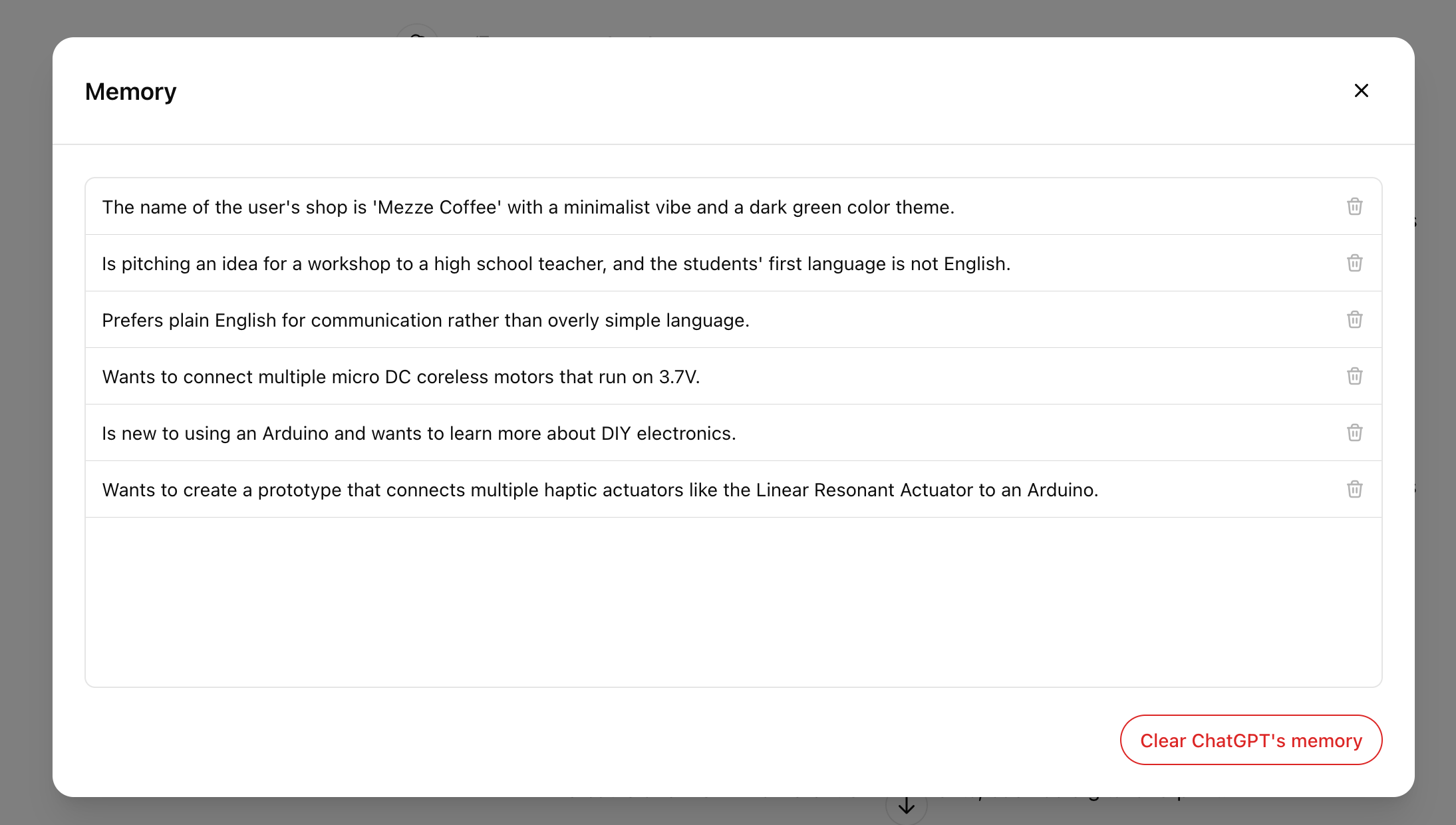 A list of memories stored by ChatGPT