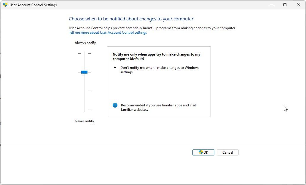 Adjusting the user account control pop-up frequency in Windows.