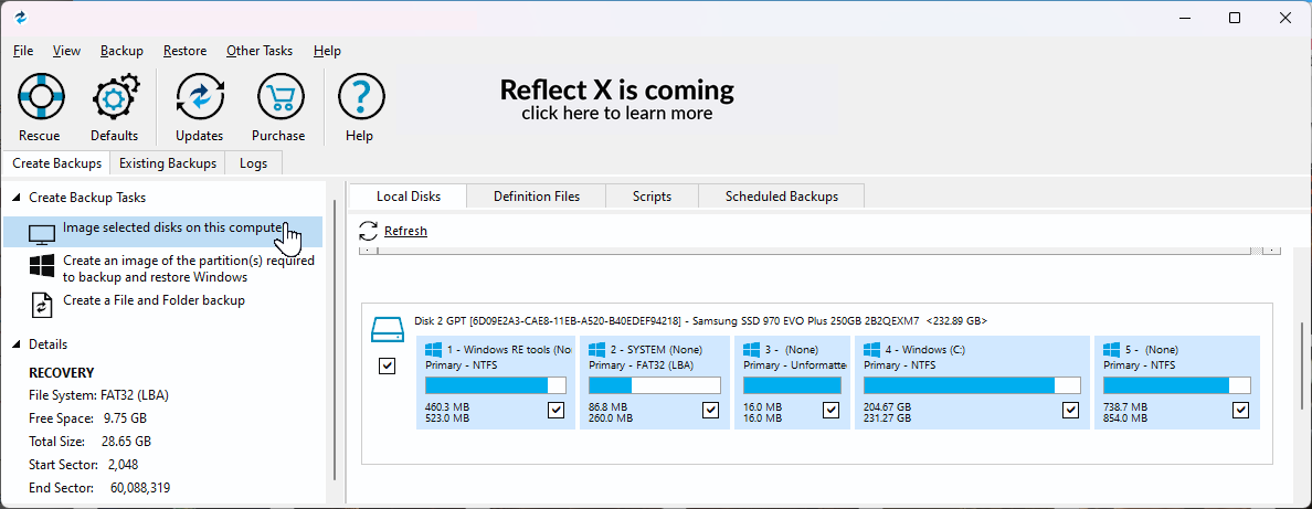 The Image selected disks on this computer option highlighted in Macrium Reflect