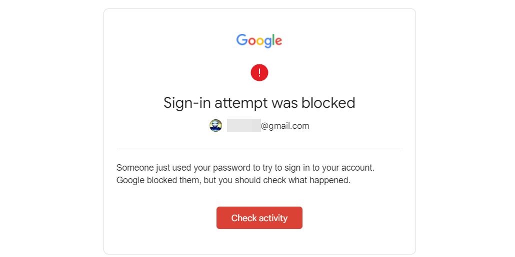 A critical security alert from Google showing that it blocked someone from signing in.