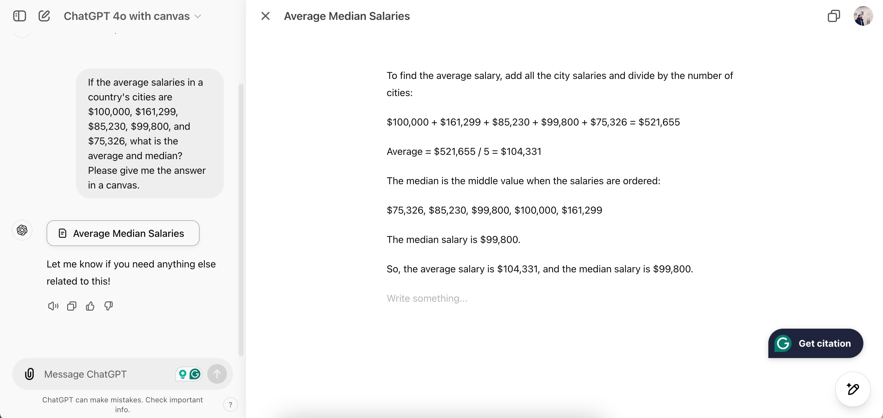 Editing mathematical averages in ChatGPT Canvas